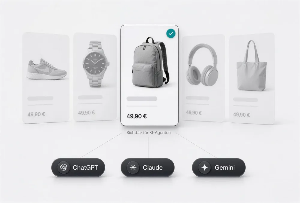 KI-Agent scannt Produktkarten in einem Onlineshop: Nur ein Produkt ist für Agentic Commerce sichtbar
