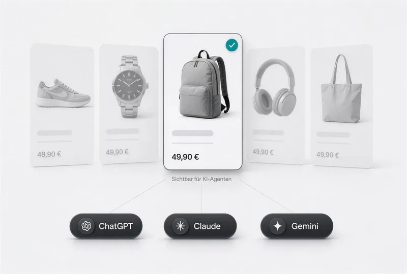 KI-Agent scannt Produktkarten in einem Onlineshop: Nur ein Produkt ist für Agentic Commerce sichtbar