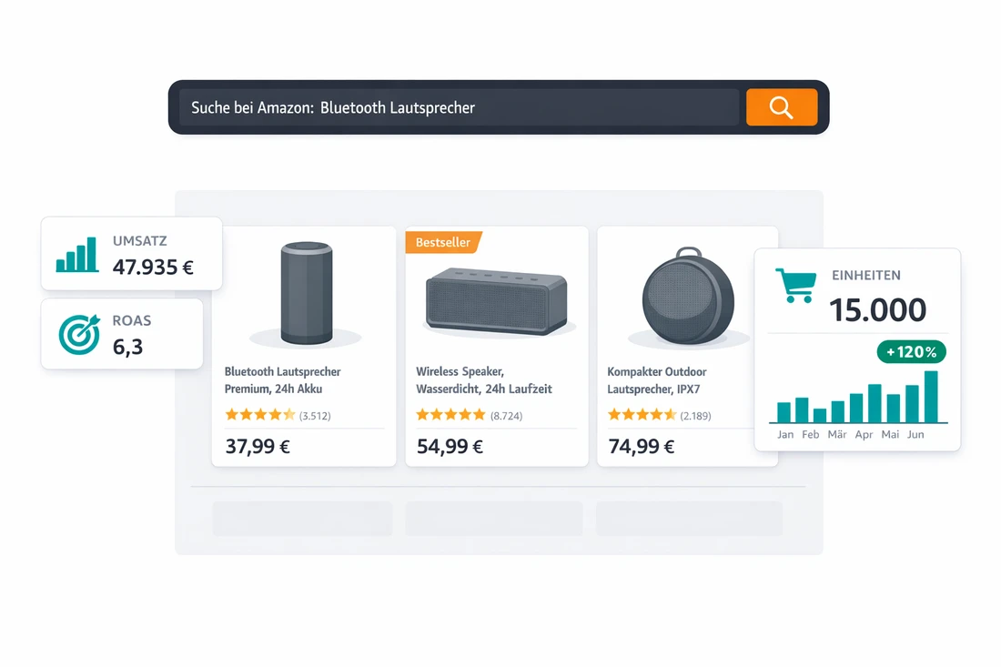 Amazon-Suchergebnisse mit optimierten Listings und Seven-Bytes-Performance-Kennzahlen: Umsatz 47.935 €, ROAS 6,3 und 15.000 verkaufte Einheiten (+120%)