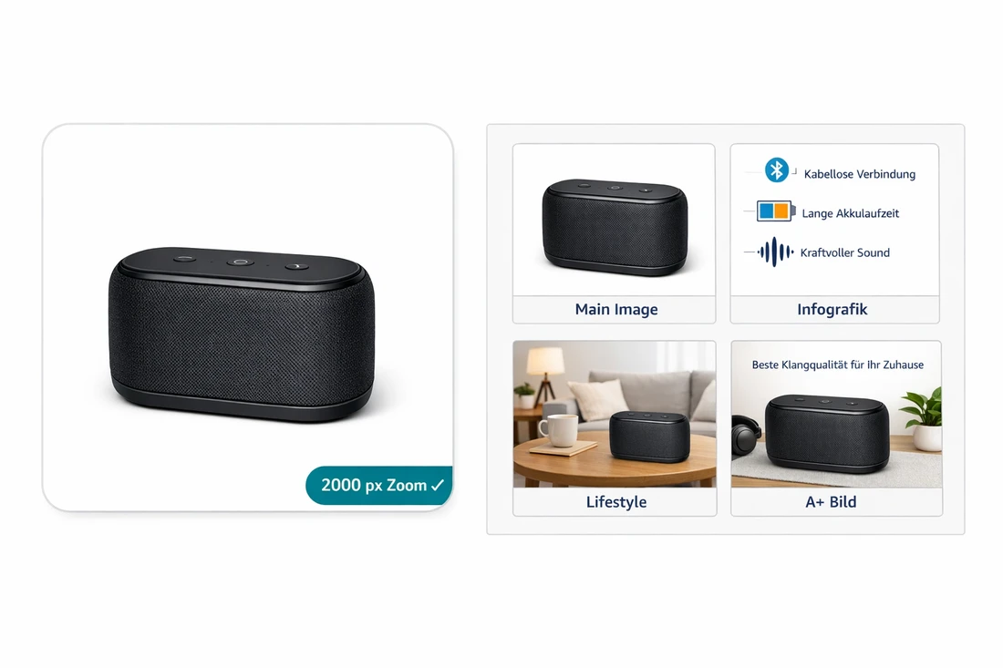 Amazon-Produktbildgalerie mit Main Image, Infografik, Lifestyle-Shot und A+ Bild für ein Lautsprecher-Listing