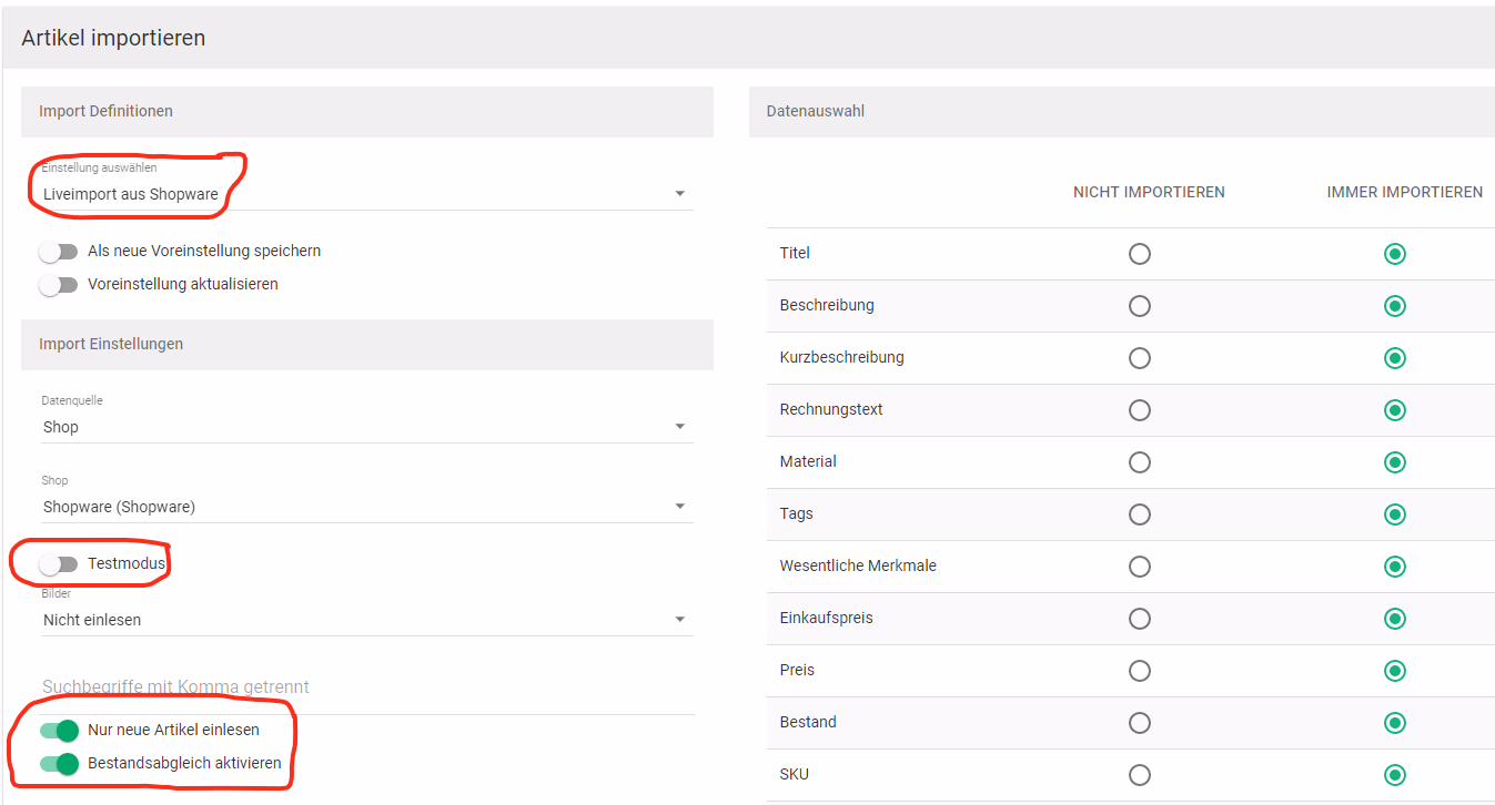 Billbee Datenauswahl beim Artikelimport mit den Optionen Nicht importieren, Immer importieren und Importieren wenn nicht leer