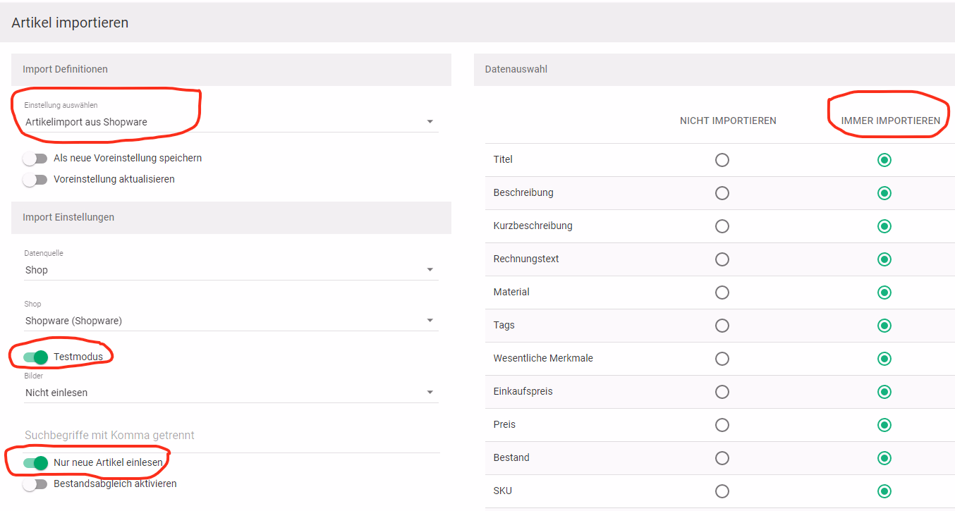 Billbee Artikelimport-Maske mit aktiviertem Testmodus und Datenauswahl-Optionen