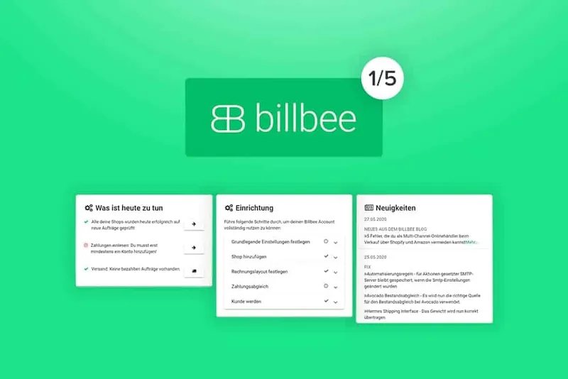 Billbee Dashboard mit Aufgabenübersicht, Einrichtungs-Checkliste und Neuigkeiten