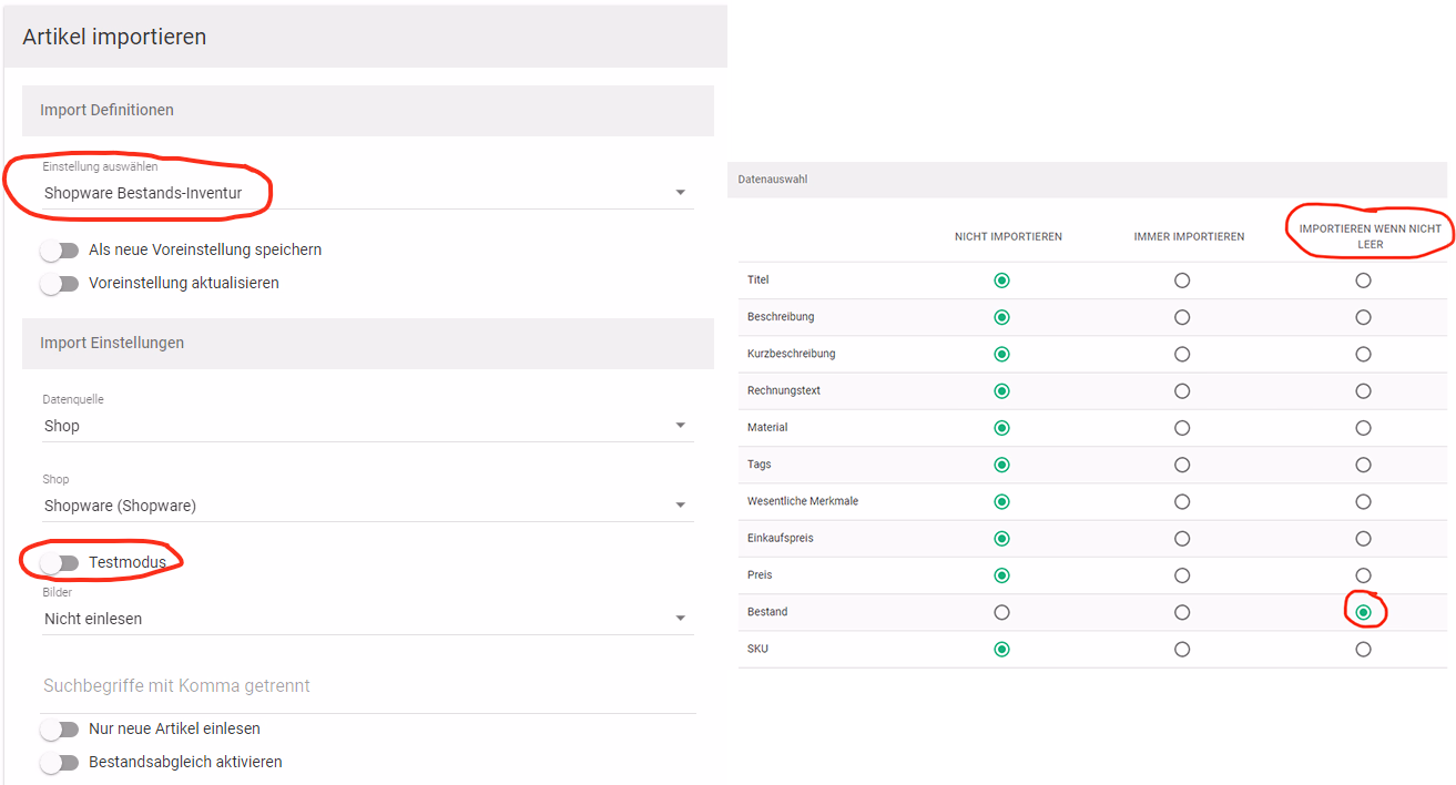 Billbee Bestandsimport mit deaktiviertem Testmodus für den Live-Import