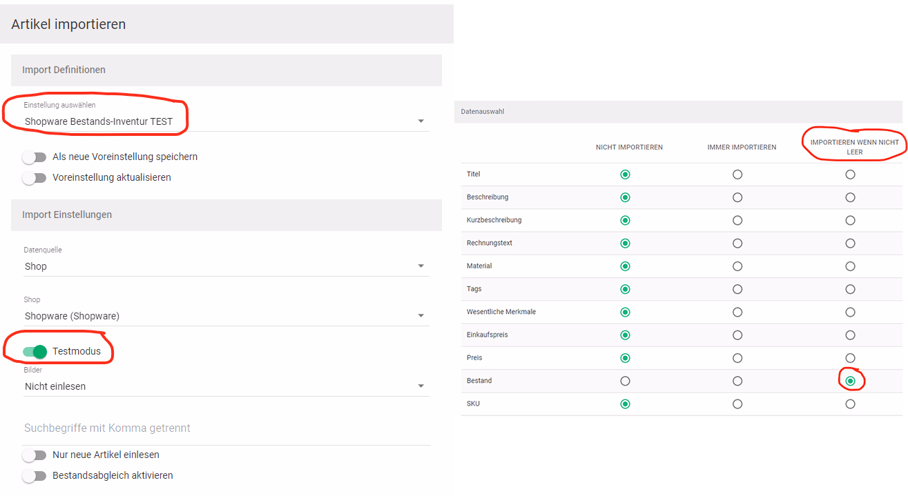 Billbee Bestandsimport im Testmodus mit Datenauswahl nur für das Attribut Bestand