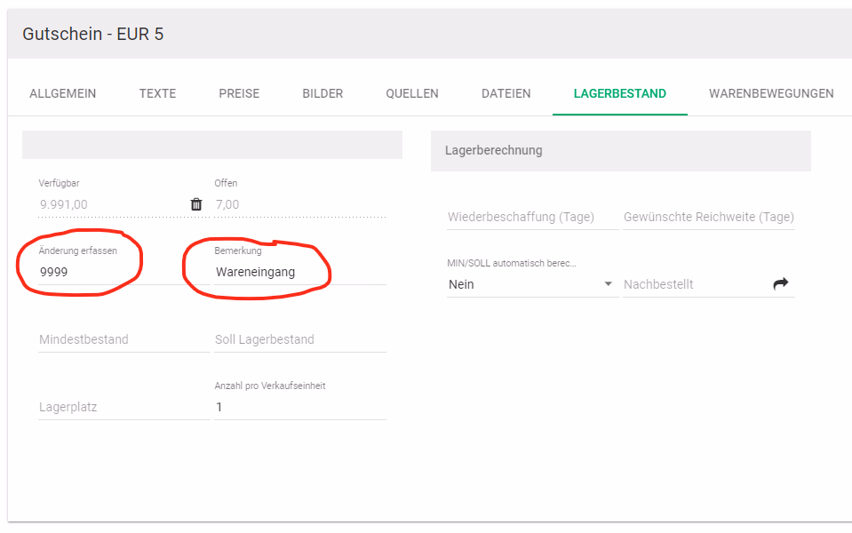 Billbee Artikel-Reiter Lagerbestand mit den Feldern Änderung erfassen und Bemerkung