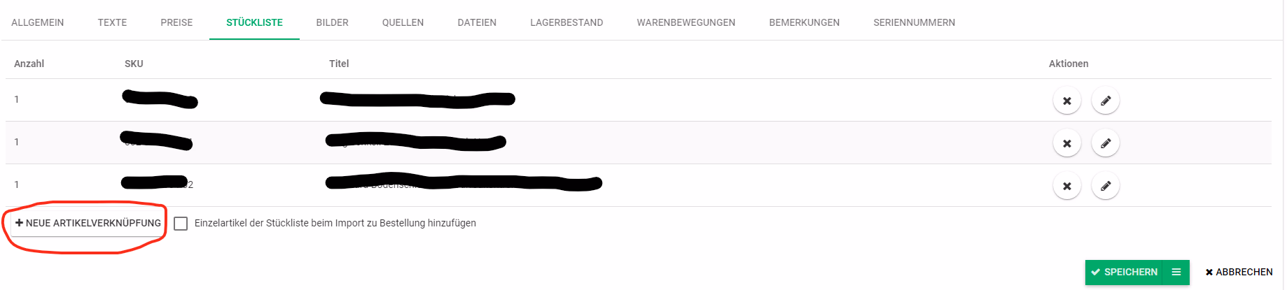 Billbee Stückliste mit verknüpften Artikeln und Button Neue Artikelverknüpfung