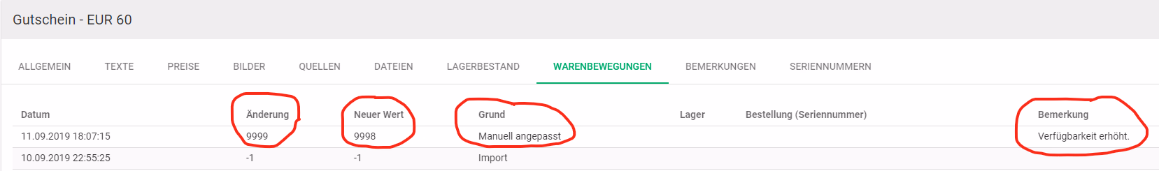 Billbee Reiter Warenbewegungen mit Änderung, neuem Wert, Grund und Bemerkung