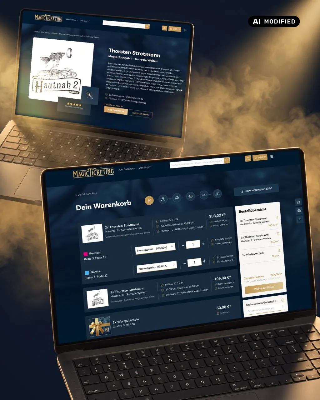 KI-bearbeitetes Bild: Zwei Laptops mit Eventseite und Warenkorb des Magic Ticketing Ticketportals