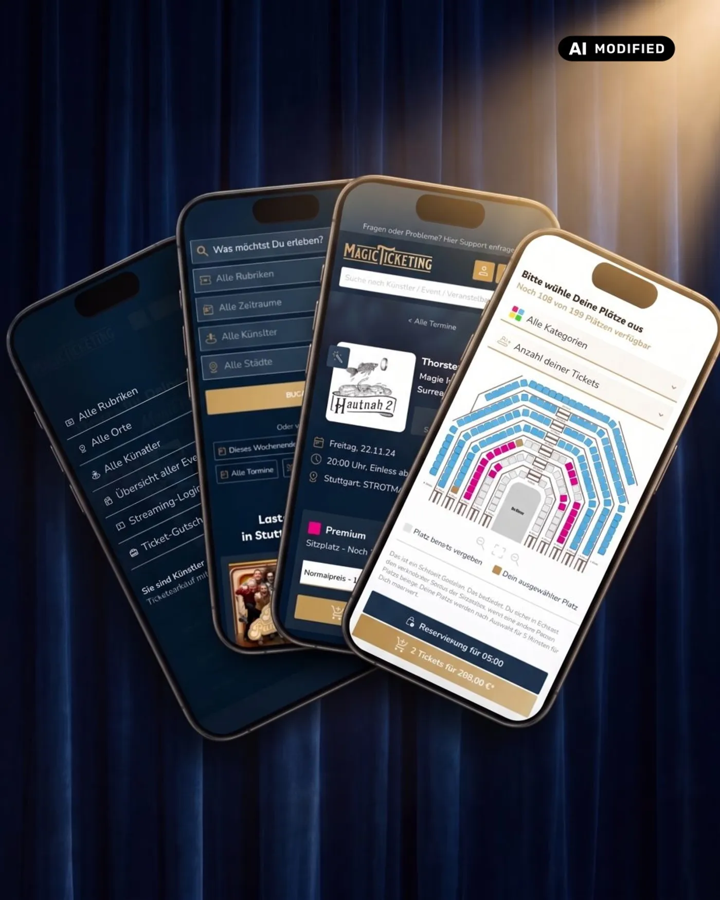 KI-bearbeitetes Bild: Vier Smartphones mit Menü, Suche, Eventseite und Saalplan des Magic Ticketing Ticketportals vor einem Bühnenvorhang