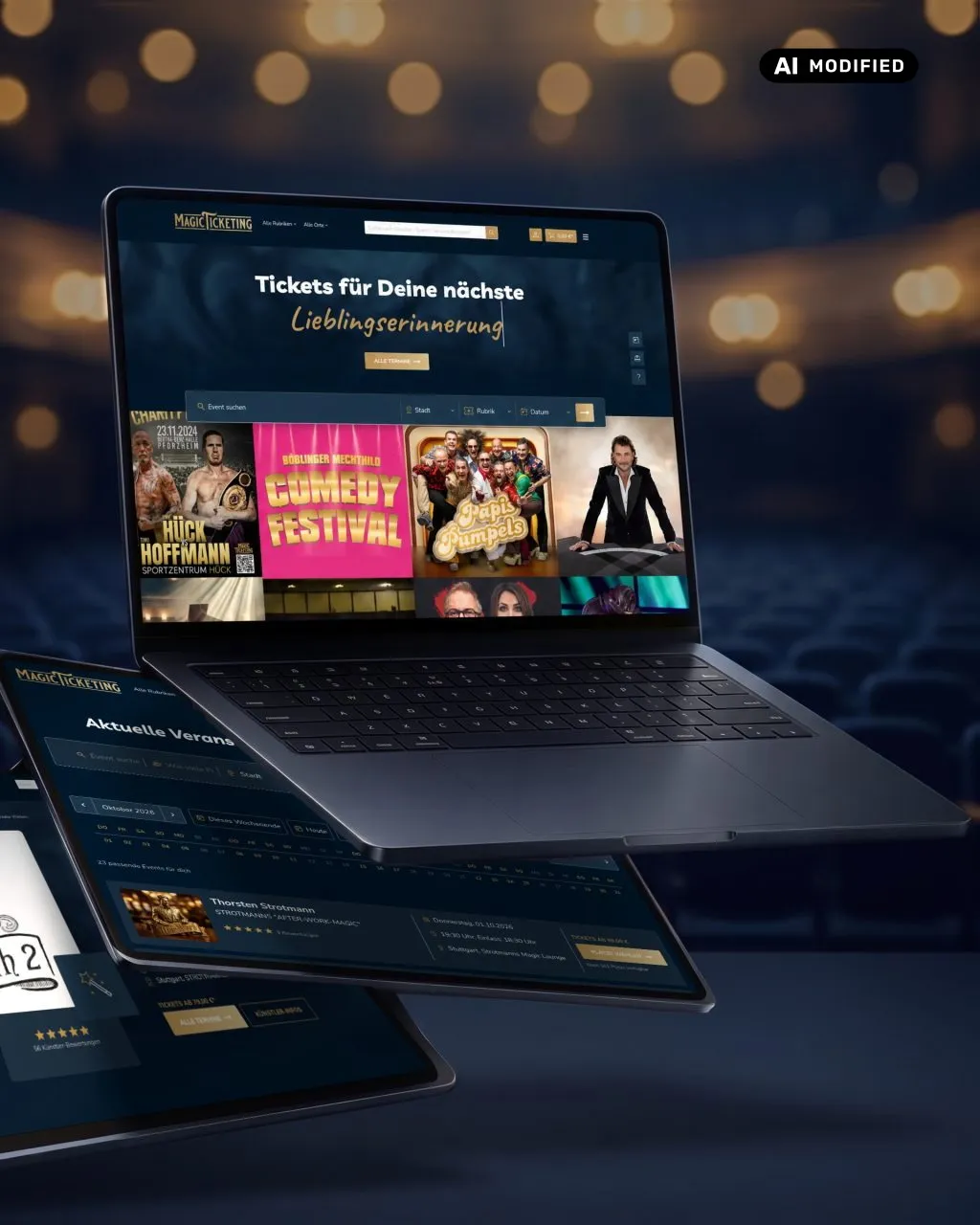 KI-bearbeitetes Bild: Laptop mit der Startseite des Magic Ticketing Ticketportals, darunter zwei Tablets mit Veranstaltungsübersicht und Eventseite