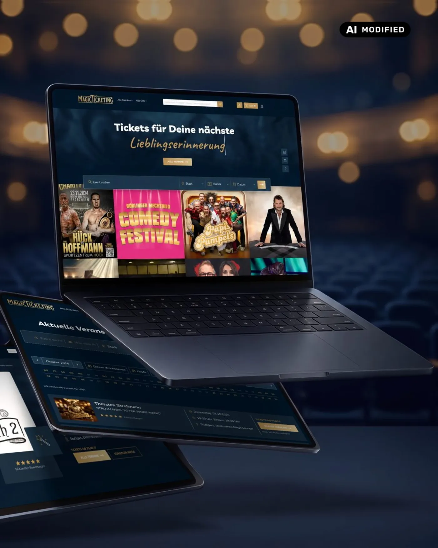 KI-bearbeitetes Bild: Laptop mit der Startseite des Magic Ticketing Ticketportals, darunter zwei Tablets mit Veranstaltungsübersicht und Eventseite