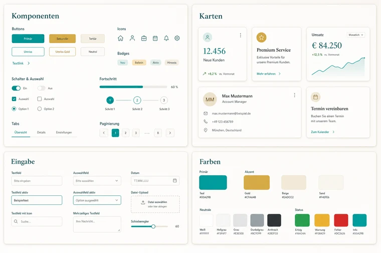 Design-System-Board mit Komponenten, Karten, Eingabefeldern und Farb-Tokens
