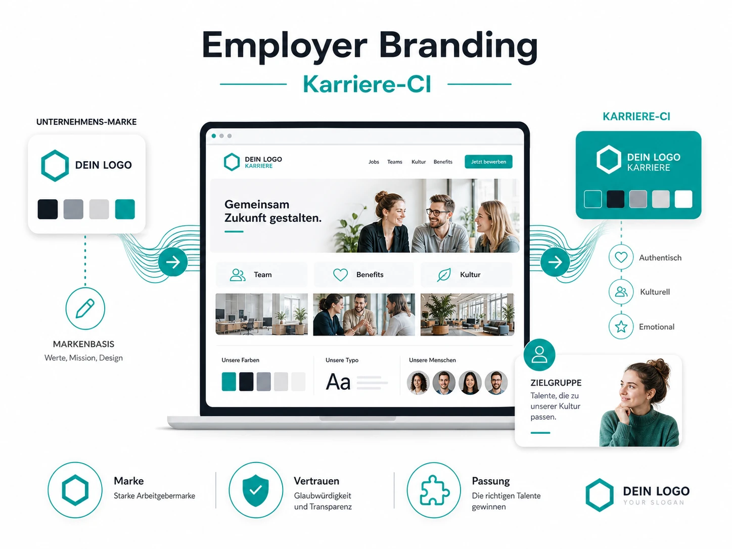 Employer Branding & Karriere-CI: Logo, Markenwerte, Bildwelt und Karriereportal-Mockup