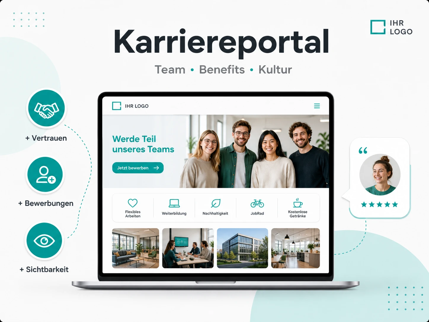 Karriereportal mit Team-Vorstellung, Benefits und Kultur, Mockup