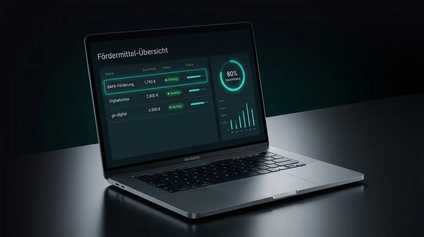 MacBook mit Fördermittel-Übersicht, Zuschuss-Beträgen und Bewilligungs-Status