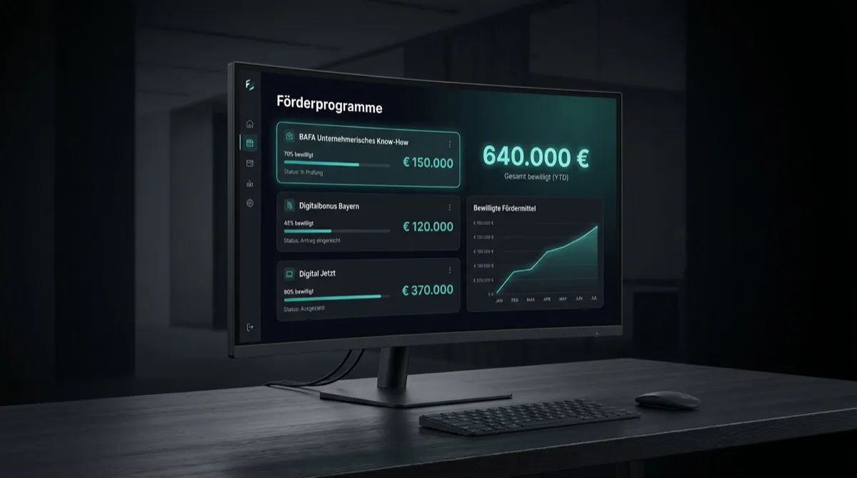 Fördermittel-Dashboard mit Übersicht der Förderprogramme und bewilligten Zuschüssen