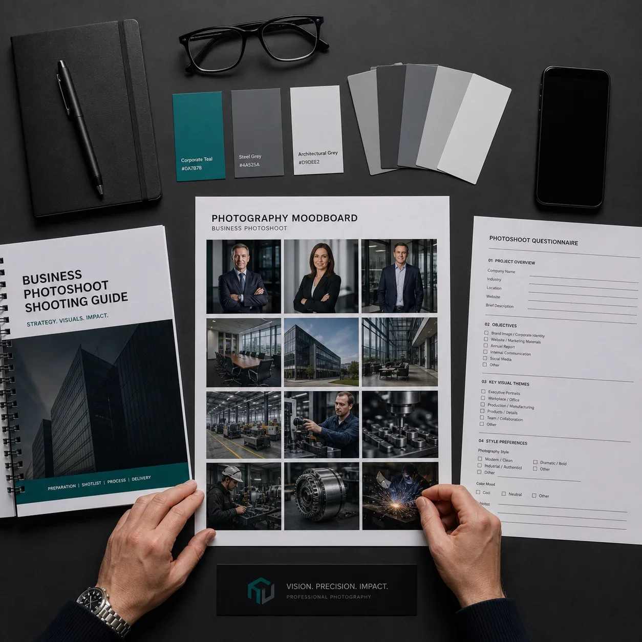 Briefing-Unterlagen für ein Business-Shooting: Shooting-Guide, Moodboard und Fragebogen als Flat-Lay