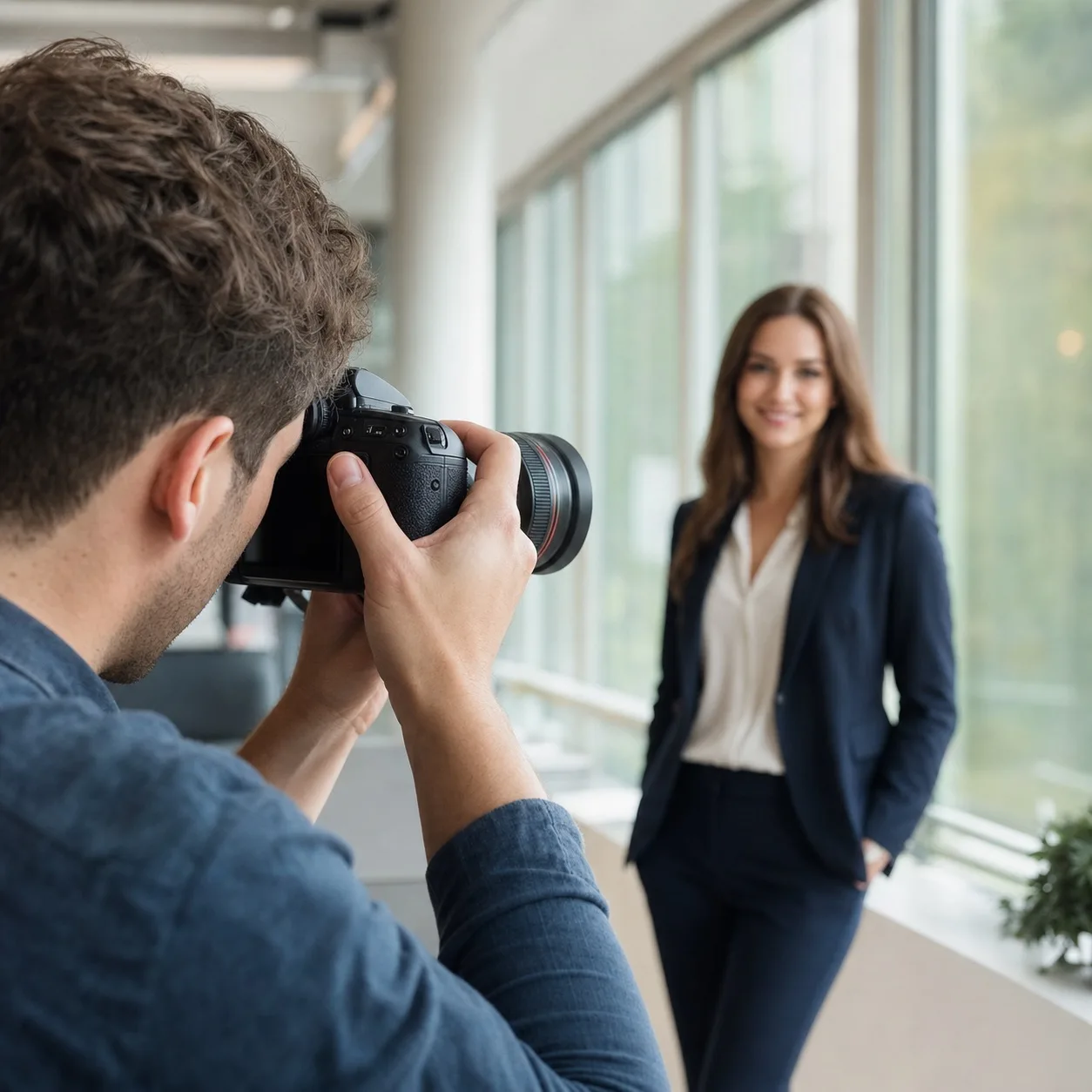 Fotoshooting in Aktion: Fotograf mit Kamera bei einem Business-Porträt im Büro