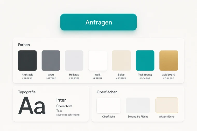 Interface-Design-Kit mit Button, Farbpalette, Typografie und Oberflächen-Styles