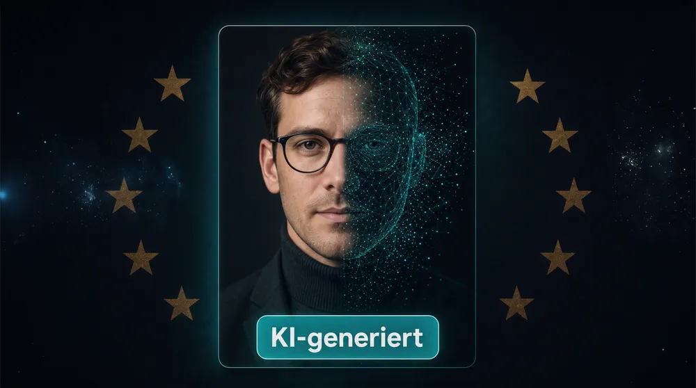 Porträt eines Mannes mit Brille, dessen rechte Gesichtshälfte in ein türkises Drahtgitter zerfällt, darunter das Label KI-generiert, links und rechts goldene EU-Sterne