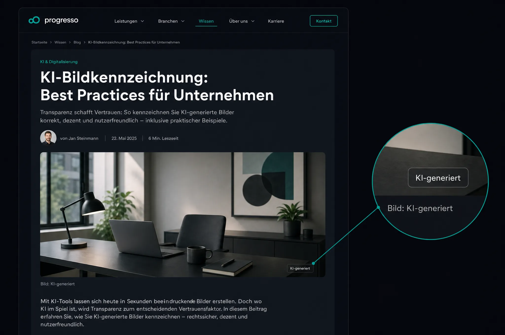 Beispiel für dezente KI-Kennzeichnung auf einer Website: kleines Badge KI-generiert in der Bildecke plus Bildunterschrift, in der Lupe vergrößert dargestellt