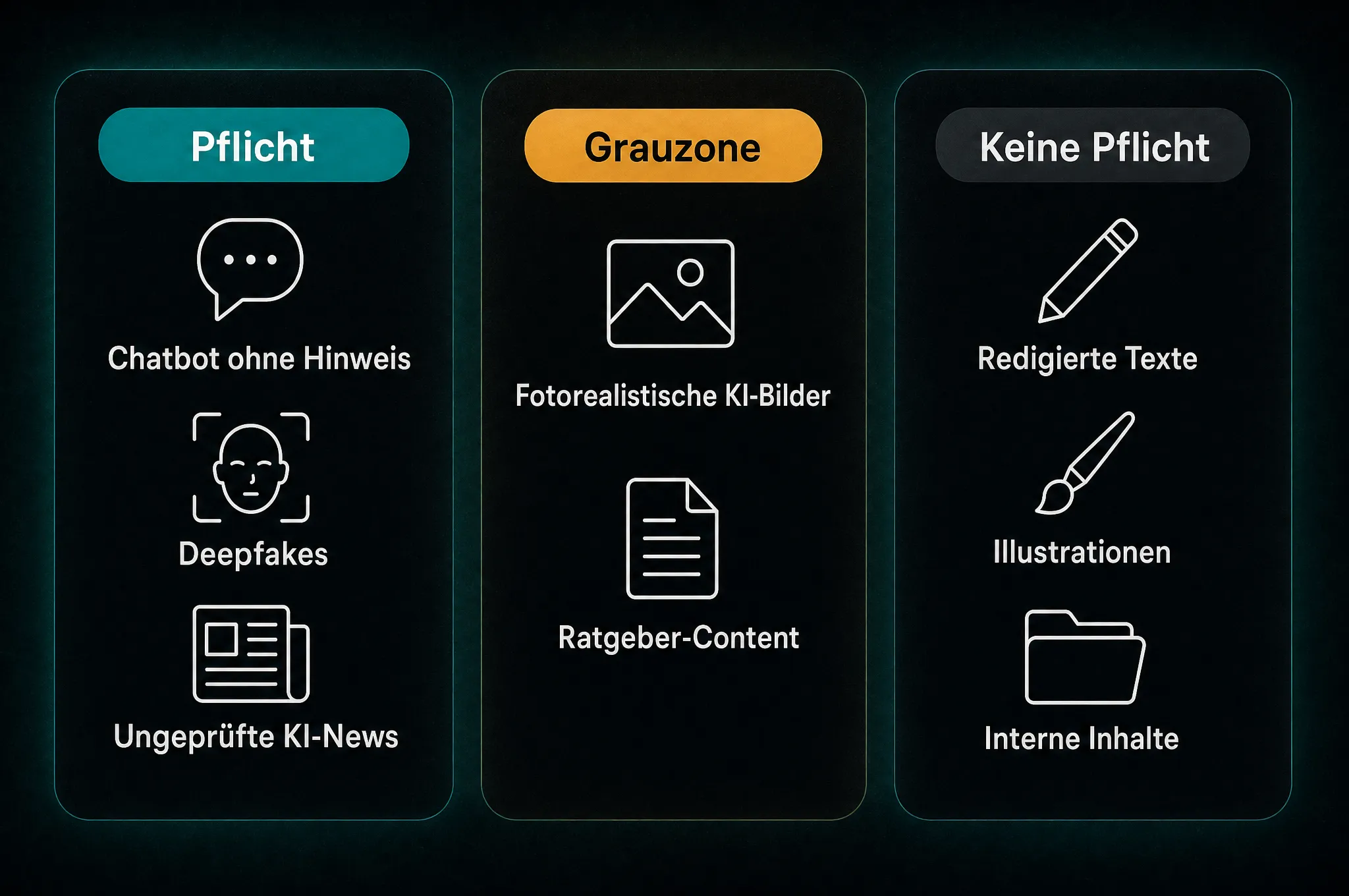 Übersicht zur KI-Kennzeichnungspflicht: Chatbots ohne Hinweis, Deepfakes und ungeprüfte KI-News sind Pflicht, fotorealistische KI-Bilder und Ratgeber-Content sind Grauzone, redigierte Texte, Illustrationen und interne Inhalte brauchen keine Kennzeichnung
