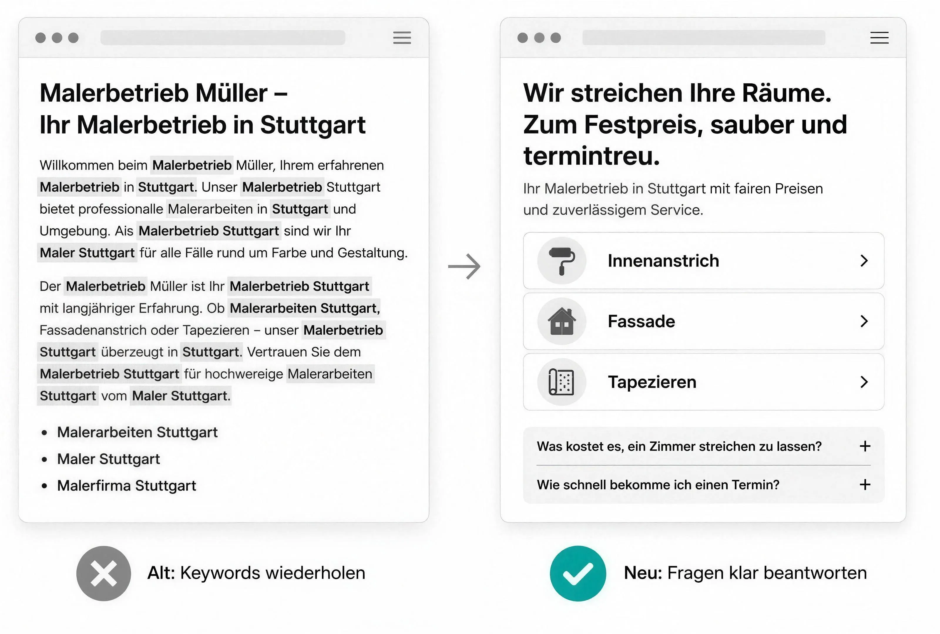 Vergleich: Keyword-wiederholende Seite (alt) gegen klar strukturierte Seite mit direkten Antworten (neu)