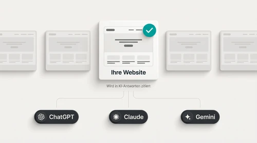 Eine Website hebt sich aus einer Reihe hervor und wird in KI-Antworten zitiert: Sichtbarkeit in ChatGPT, Claude und Gemini statt klassischer Trefferliste
