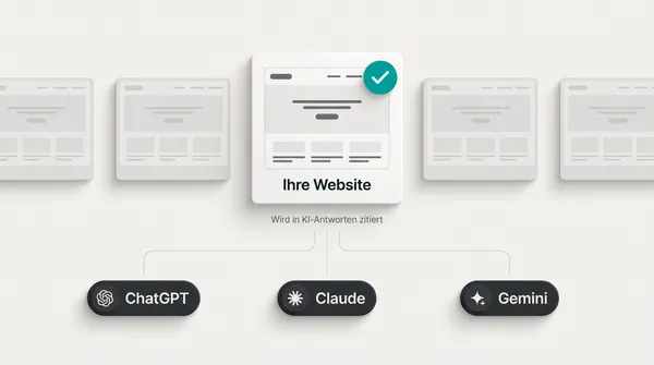Eine von vielen Websites leuchtet hervor und wird von einer KI-Antwort als Quelle zitiert: Sichtbarkeit in ChatGPT, Claude und Gemini statt klassischer Trefferliste