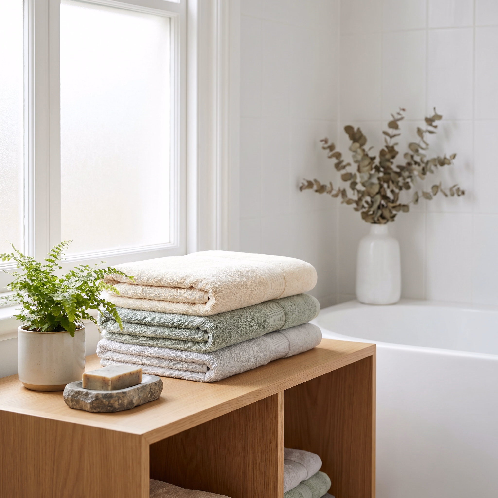 Lifestyle-Aufnahme der Handtücher im hellen Badezimmer