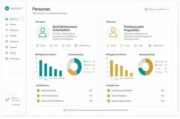 Personas-Dashboard aus der Nutzerforschung mit Kriterien-Bewertung und Top-Bedürfnissen