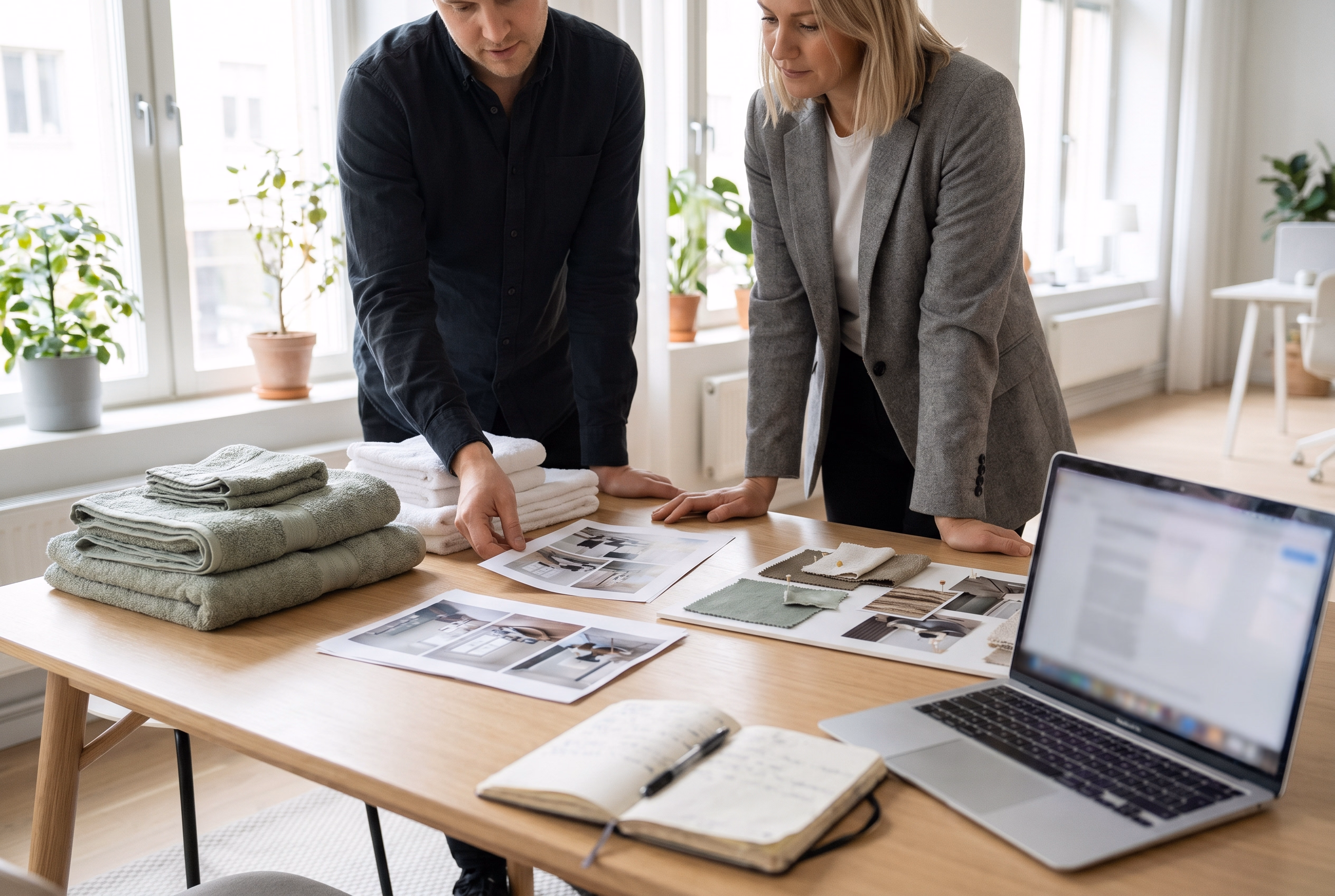 Kunde und Fotograf planen das Produkt-Shooting am Tisch mit Muster-Handtüchern und Referenzbildern