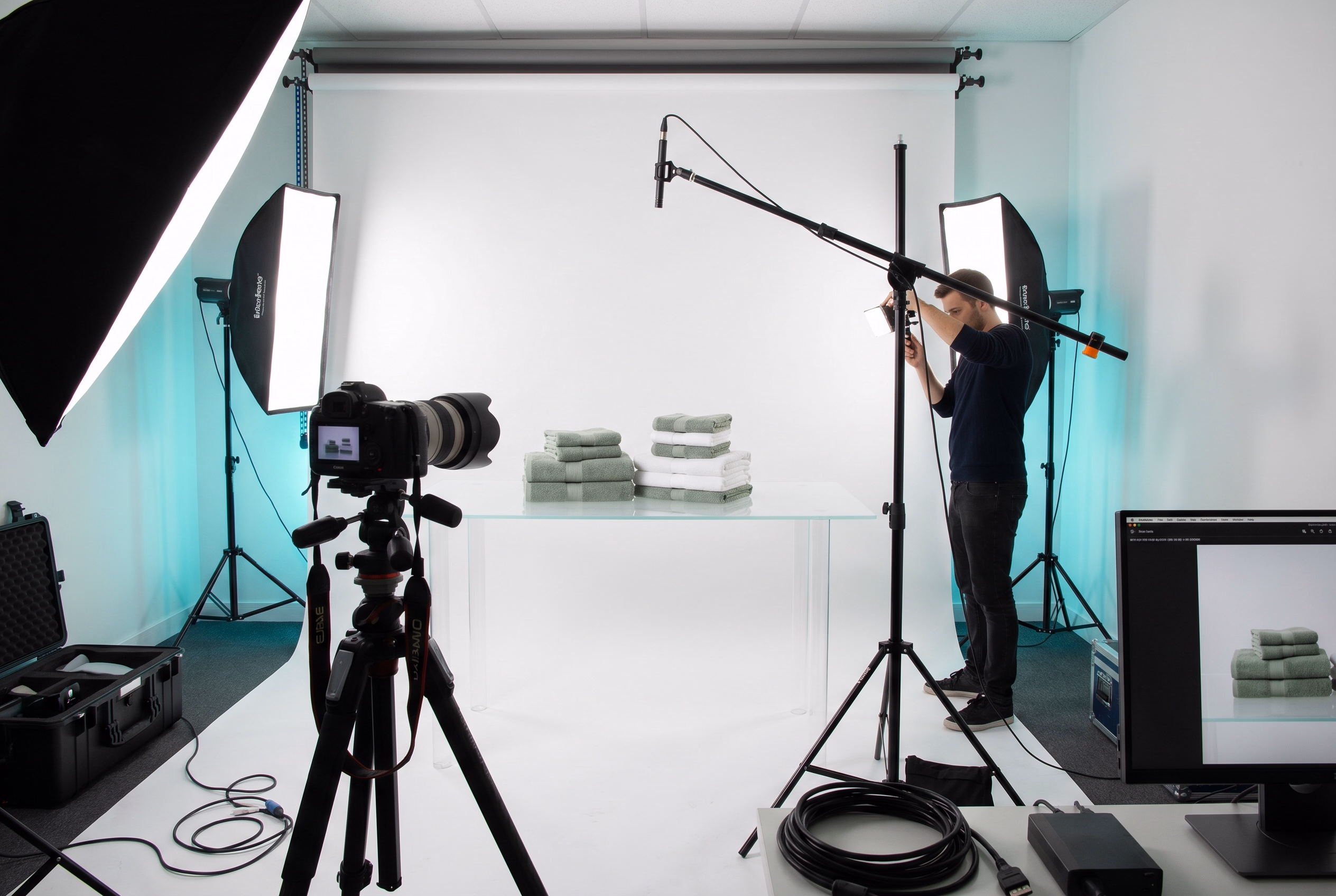 Produktfotografie im Studio mit Kamera auf Stativ, Softboxen und weißem Hintergrund