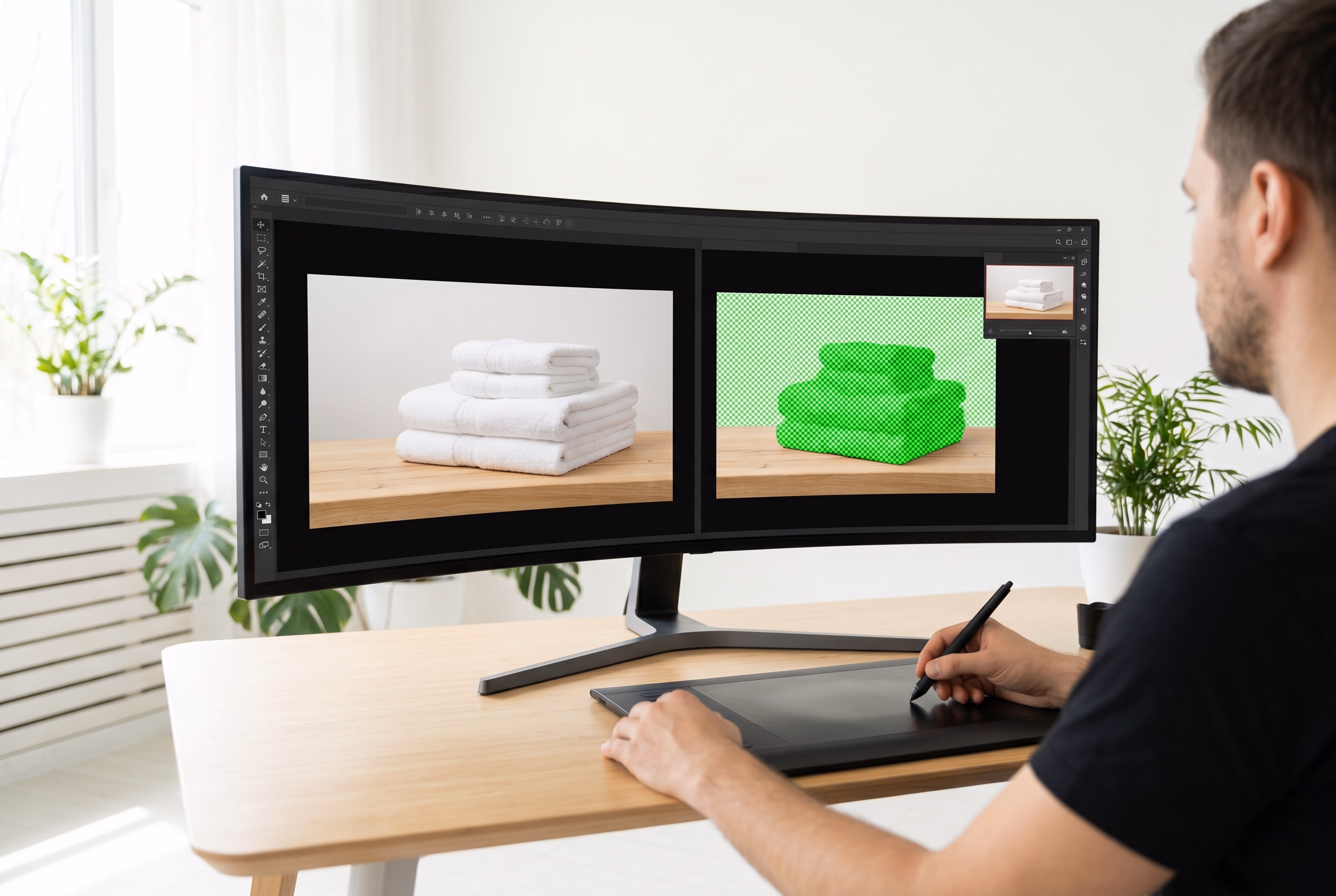 Bildbearbeitung am Monitor mit Freisteller-Bearbeitung und Vorher-Nachher eines Produktfotos