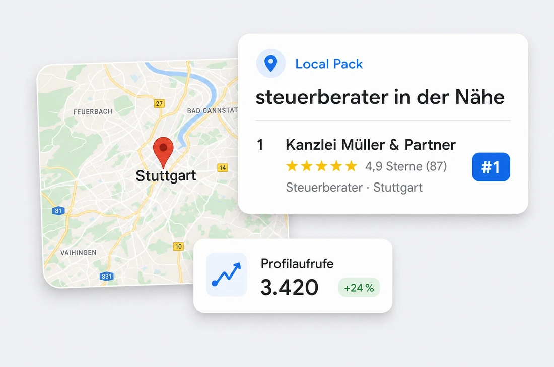 Local-SEO-Übersicht mit Google-Maps-Kartenausschnitt von Stuttgart und Google-Local-Pack zur Suche „steuerberater in der Nähe", in dem die erste Kanzlei mit 4,9 Sternen auf Platz 1 steht