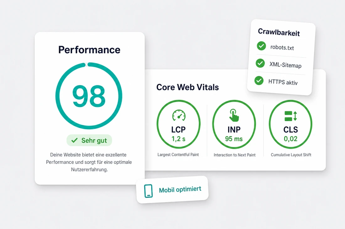 Core-Web-Vitals-Dashboard mit grünen Werten für LCP, INP und CLS, Performance-Score 98 und Crawlbarkeits-Checkliste