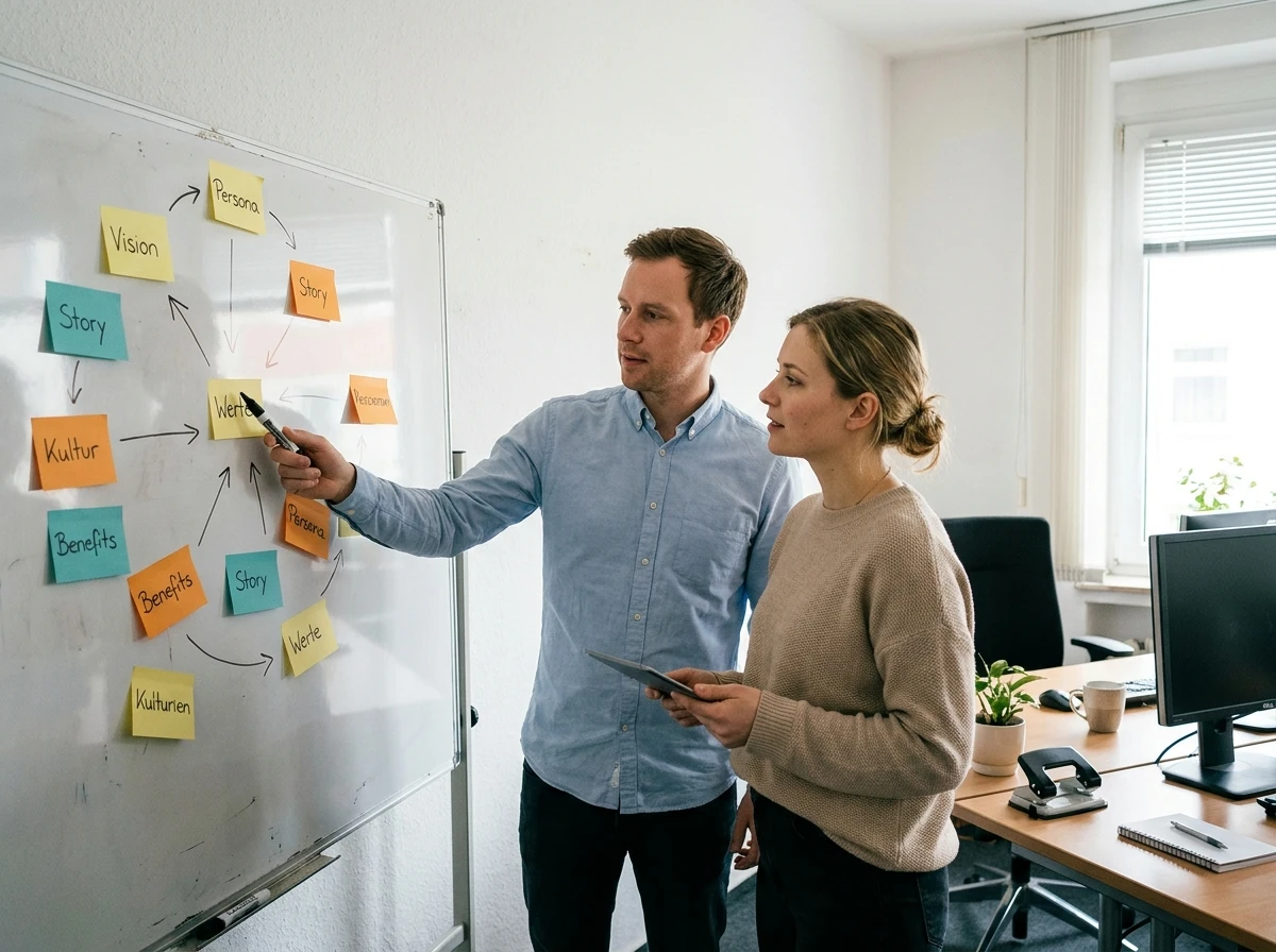 Employer-Branding-Workshop: Team vor Glaswand mit Sticky Notes zu Vision, Werten und Personas