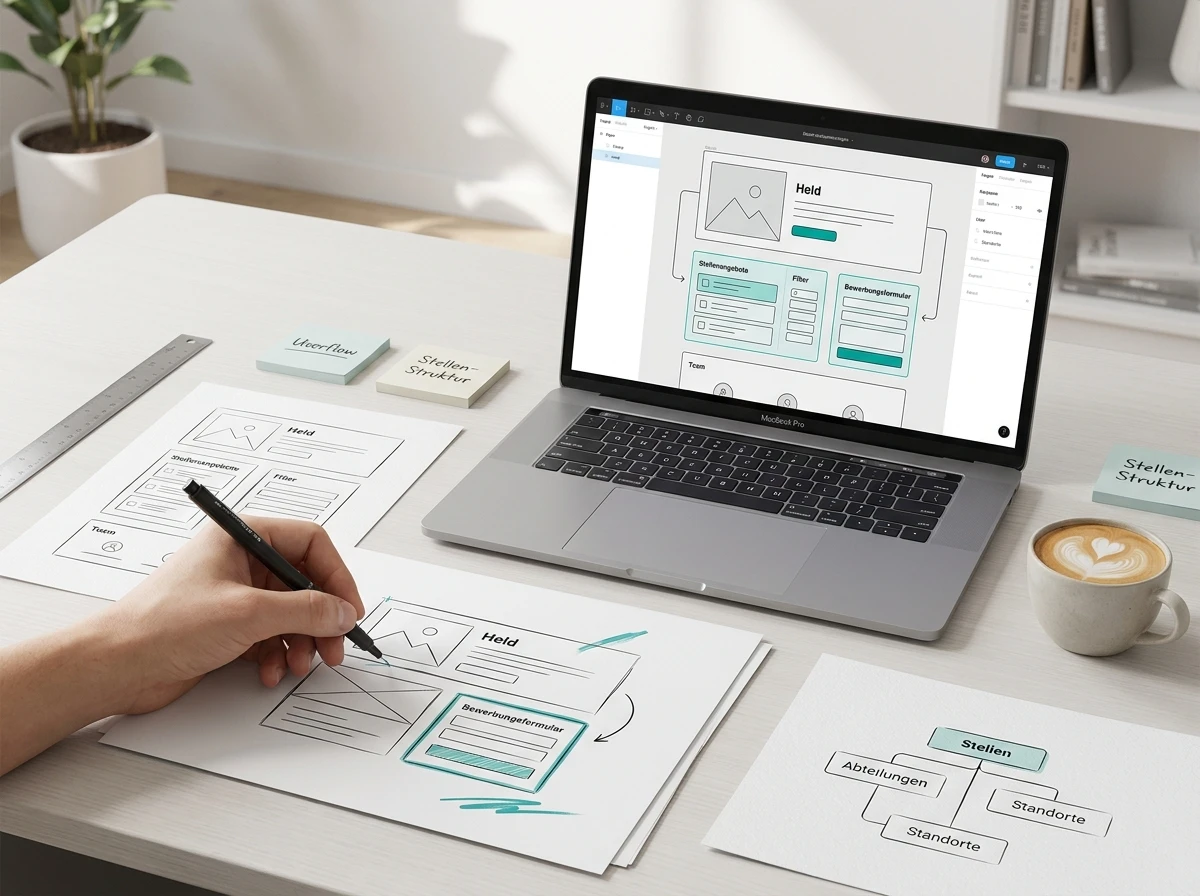 Wireframe-Sketches und Stellen-Architektur am Schreibtisch mit MacBook und Figma-Layout