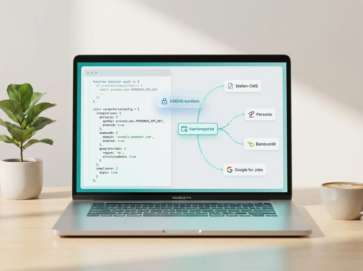 Code-Editor mit ATS-Integration-Diagramm: Karriereportal verbindet Stellen-CMS, Personio, BambooHR und Google for Jobs