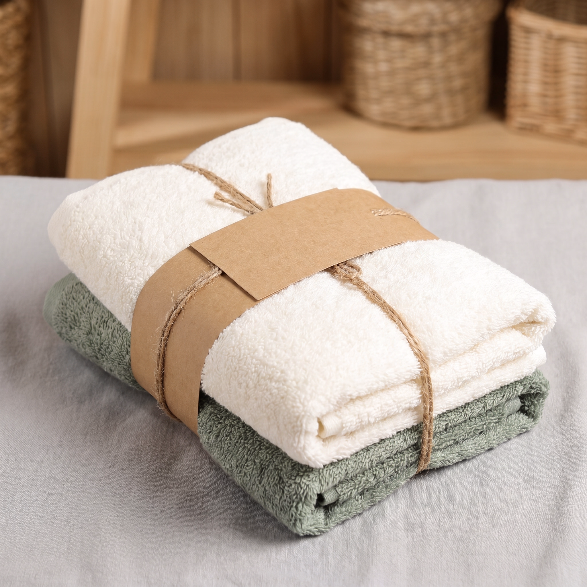 Verpacktes Handtuch-Set als Geschenk mit Banderole